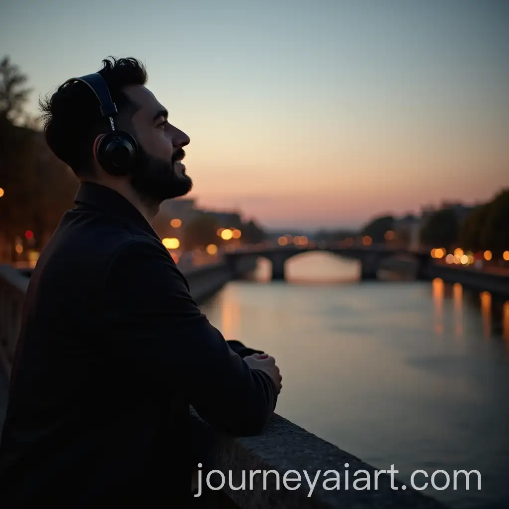 Man-Enjoying-Music-While-Watching-River-at-Sunset