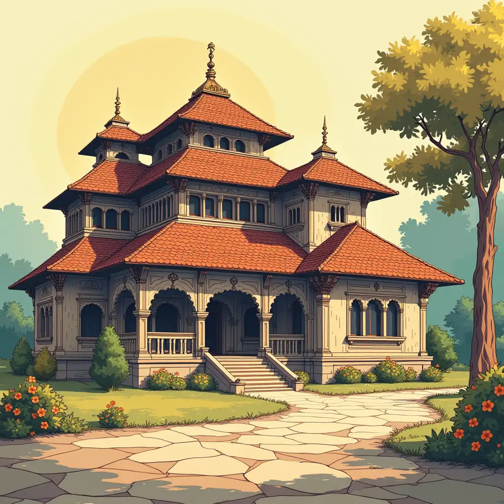 a big Indian Bungalow, 2D side scroller , hand drawn art style