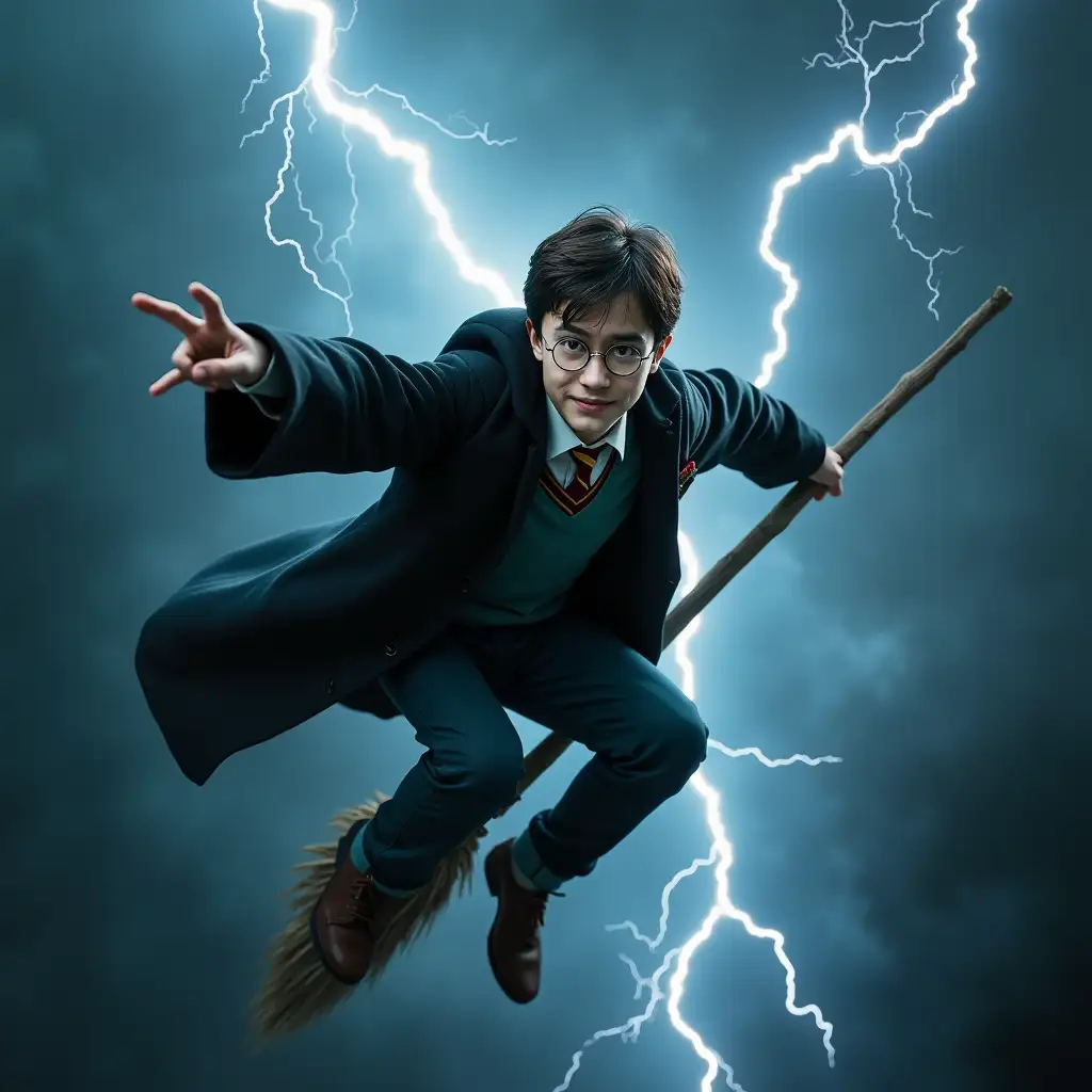 Harry Potter flying on his broomstick with lightning flashing behind him. He points his wand forward. Front view