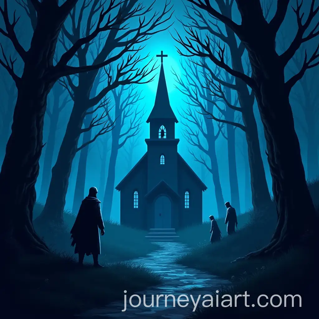 Eerie-Forest-Church-Surrounded-by-Hellish-Monsters-in-Blue-Hues