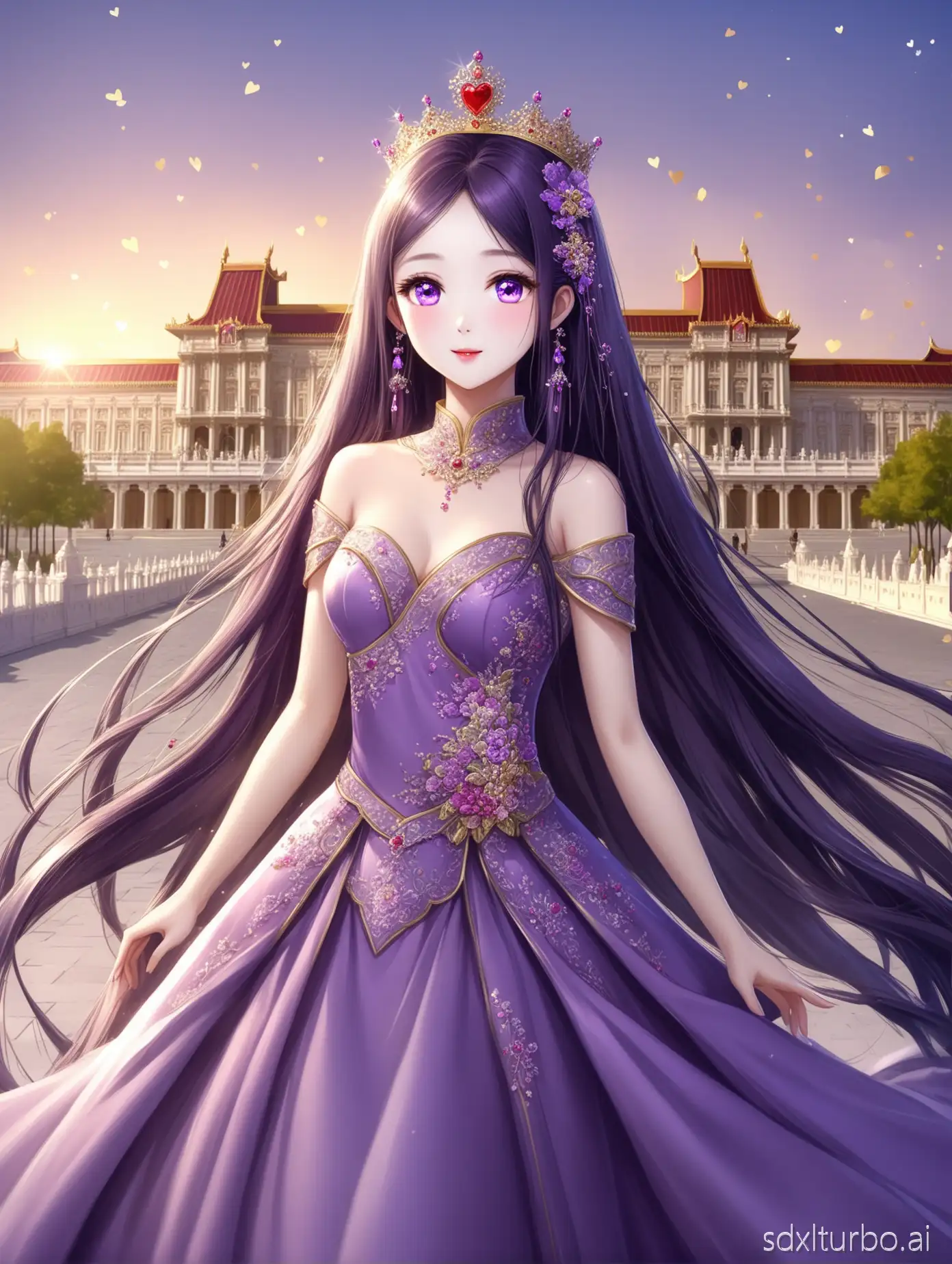 A Chinese woman who makes the country and city fall in love with her, a queen, full of love, very beautiful purple eyes sparkling with love, long hair with elegant hair accessories, flowing purple dress, background with majestic royal palace