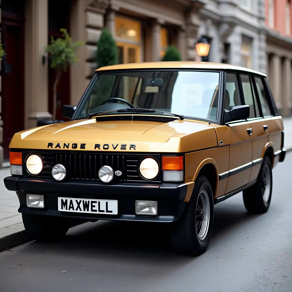 create in the style of an Audi Quarto rally car  a classic 1980 2 door range rover in deep gold colour with  twin headlights in the black classic range rover grille and alloy wheels and a low front bib spoiler parked in-front of the Shelbourne Hotel in dublin and with a Maxwell number plate