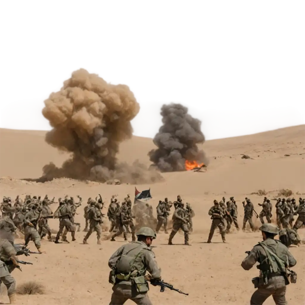 a battlefield in the desert related to the Iran-Iraq war where soldiers with clashing clash are fighting each other, in an animated mode