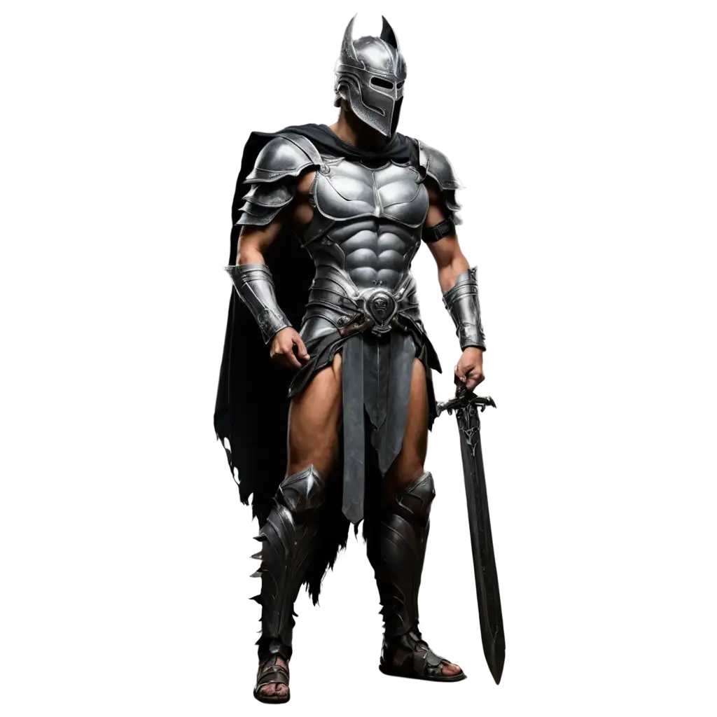 Spartan-Knight-in-Mask-Holding-Sword-Black-and-Silver-PNG-for-Graphic-Design-and-Digital-Art