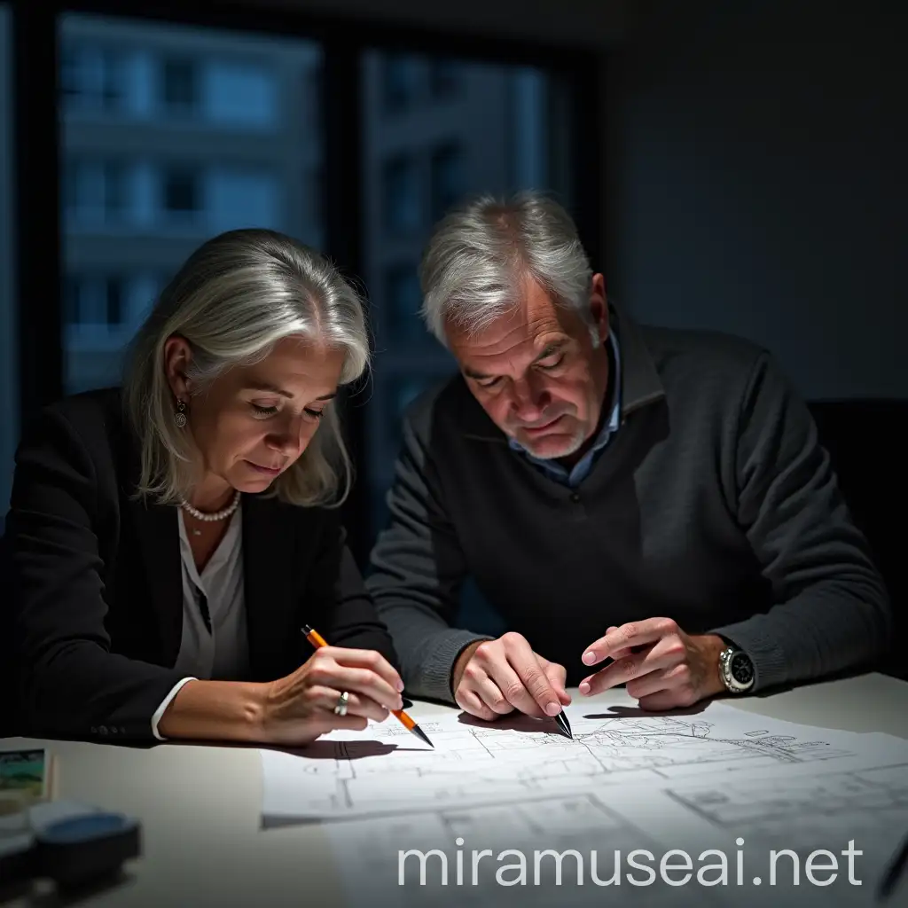 Middle Aged Couple Reviewing Blueprint in Modern Office