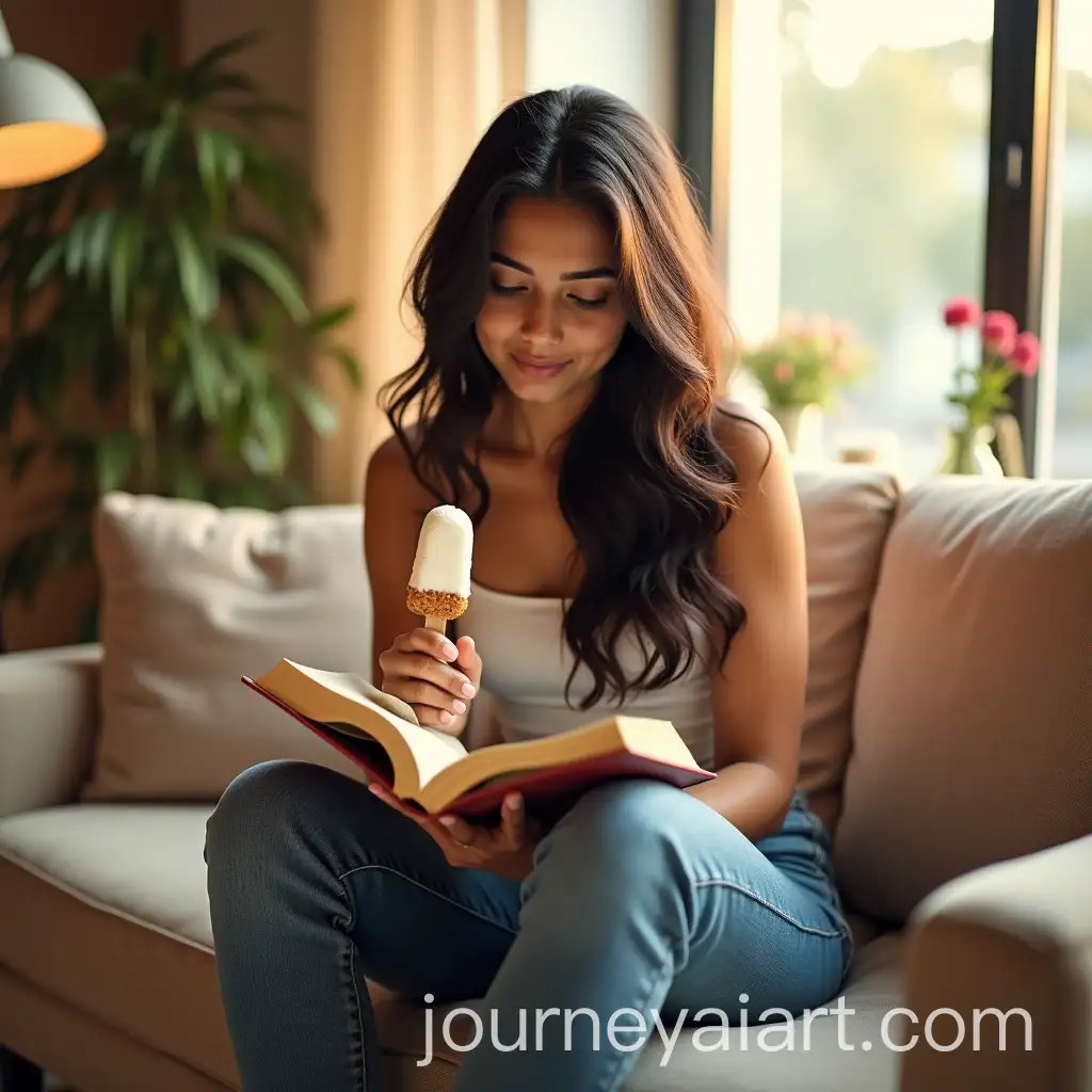 Young-Indian-Woman-Enjoying-a-Book-and-Ice-Cream-in-a-Modern-Living-Room