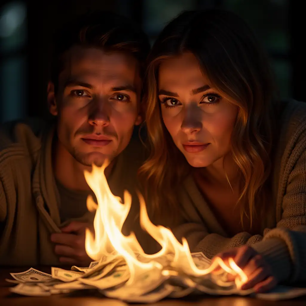 Couple Posing with Realistic Burning Money in Front of Them