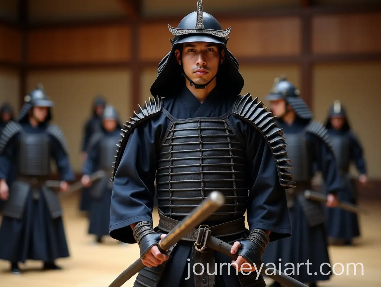 Latin-Male-in-Traditional-Kendo-Armor-Holding-Bamboo-Sword-and-Mask-in-Dojo-with-Students