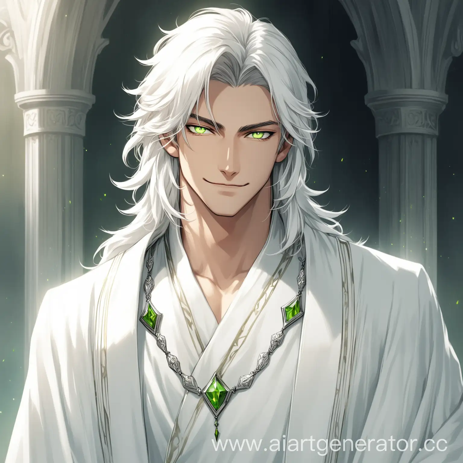 young, handsome guy, long white hair, light green eyes, sly smirk, white robes, silver accessories