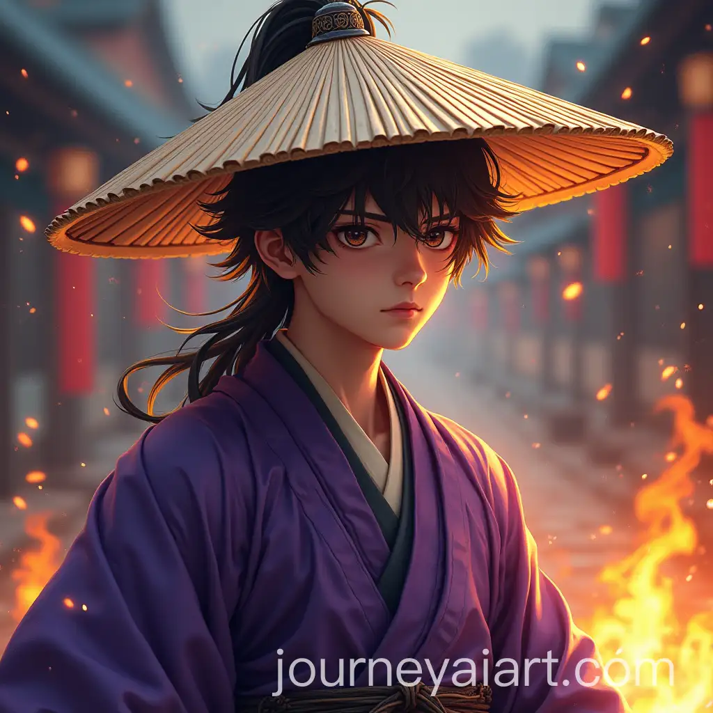 Teen-MaleAI-Image-Prompt-Expansion-Raiden-Shogun-Ronin-in-Traditional-Japanese-Purple-Kimono-with-Rice-Hat-and-Fire-Effects