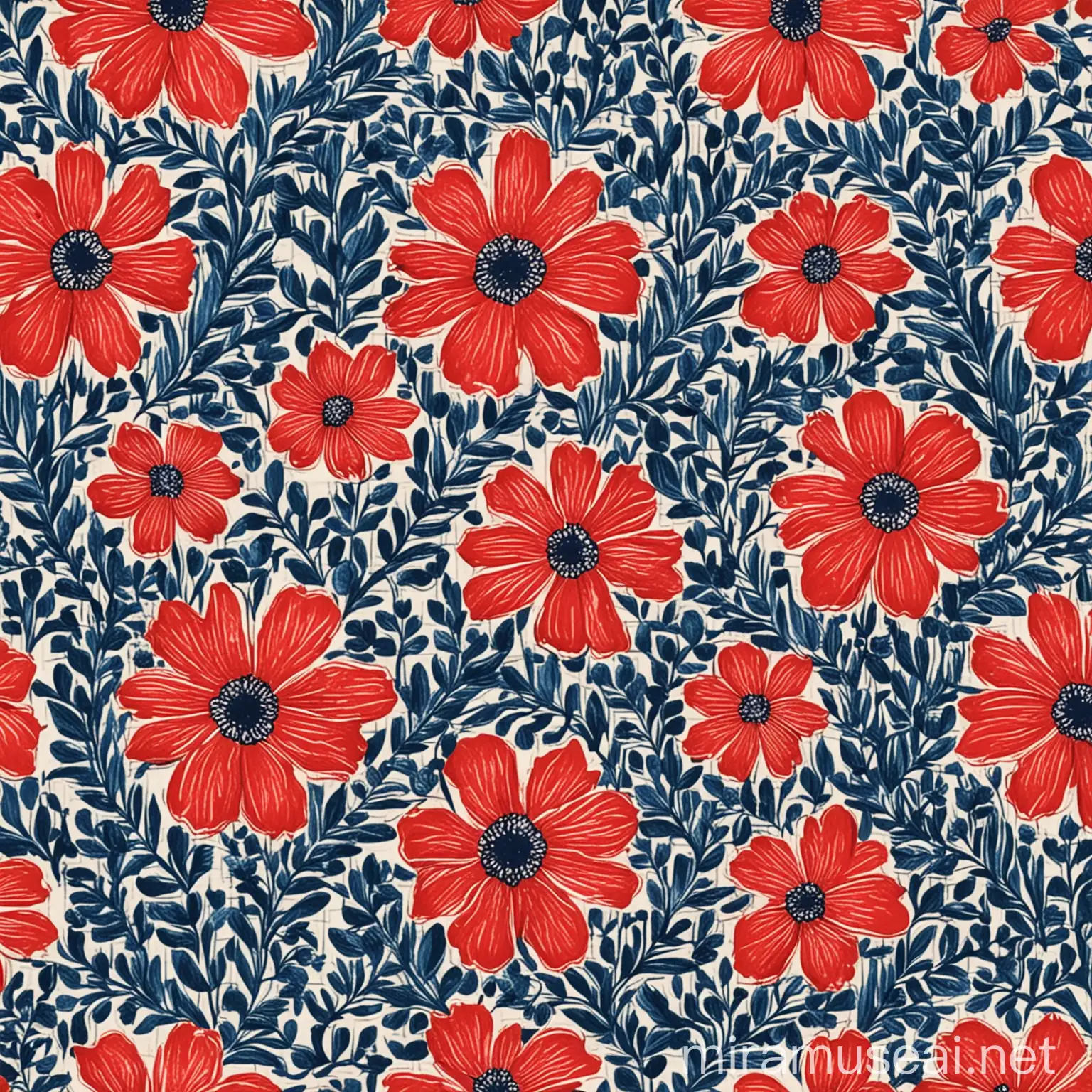 Floral Repeating Pattern in Primary Red and Blue Stamp Style Design