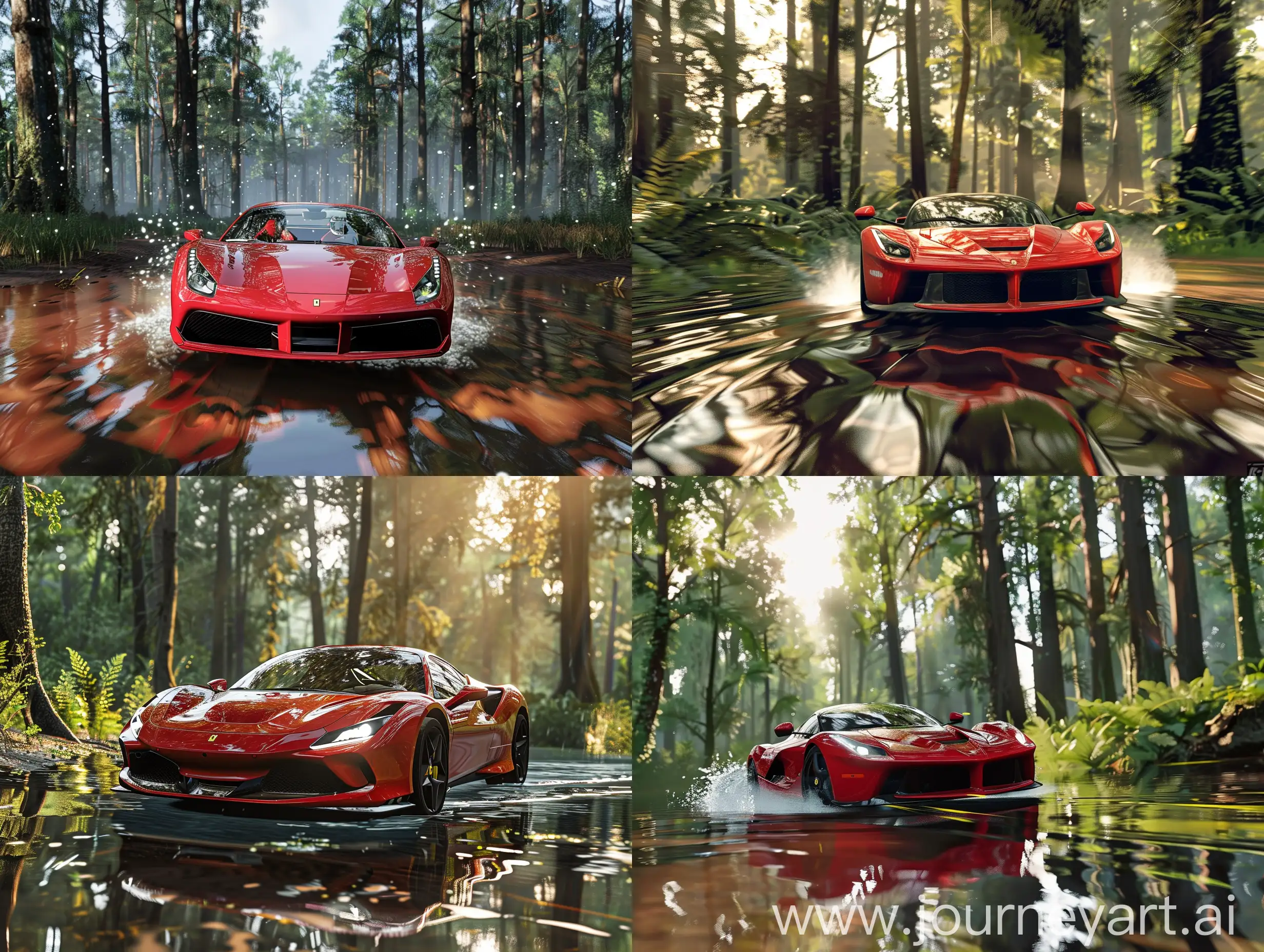 Red-Ferrari-Racing-through-Sunlit-Forest-with-RTX-Reflections