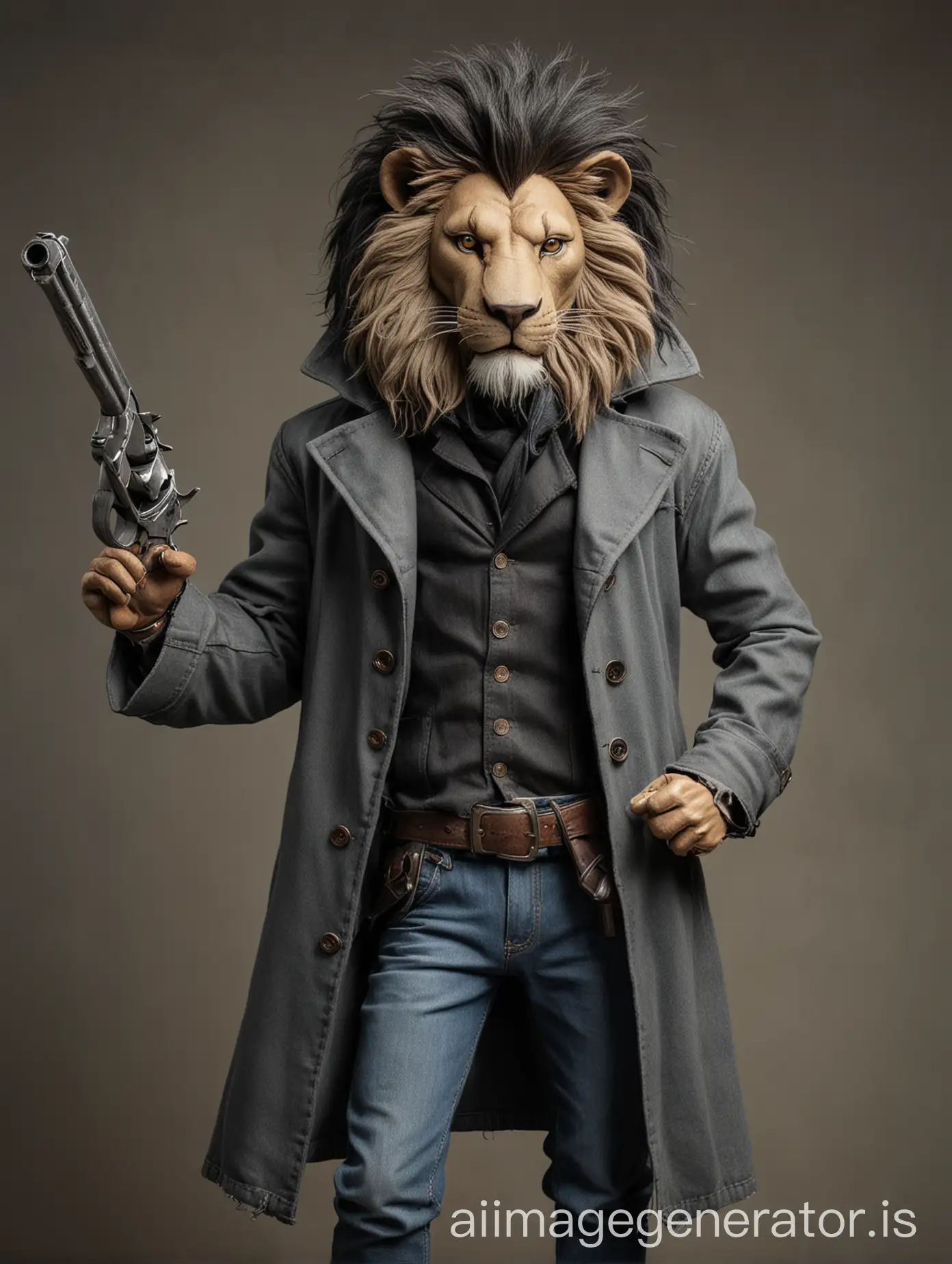 AnthAI-Image-Prompt-Expansionropomorphic-Lion-Wearing-Jeans-and-Dark-Grey-Duster-Holding-Revolver