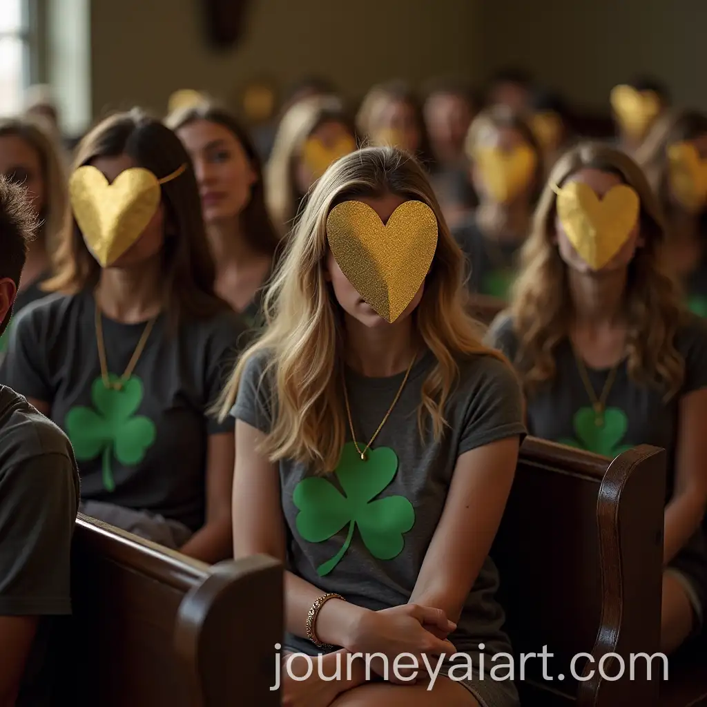 People-Sitting-on-Church-Benches-with-Distinctive-Accessories-and-Golden-Drama-Masks
