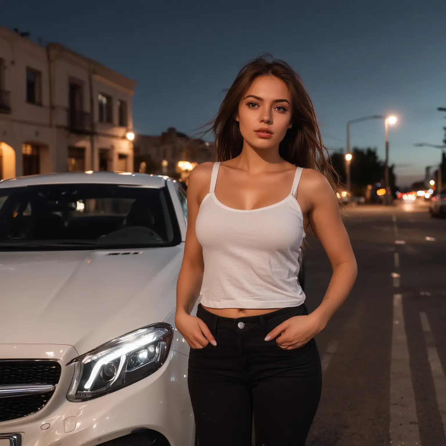 Beautiful girl wearing black jeans and black tank top. Beautiful girl face. Sensual girl. In the night, the sun has just set, the sky is reddish. A white Mercedes Benz business sedan in the city. And in front of him, the girl is looking to the side, her hair is blowing in the wind. He is disappointed.