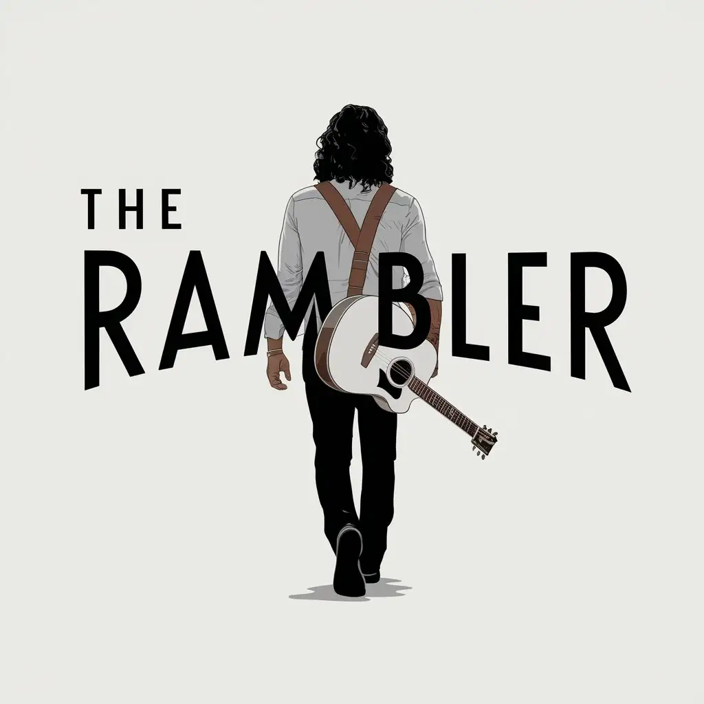 LOGO Design For The Rambler Vector Design with Acoustic Guitar and CurlyHaired Man