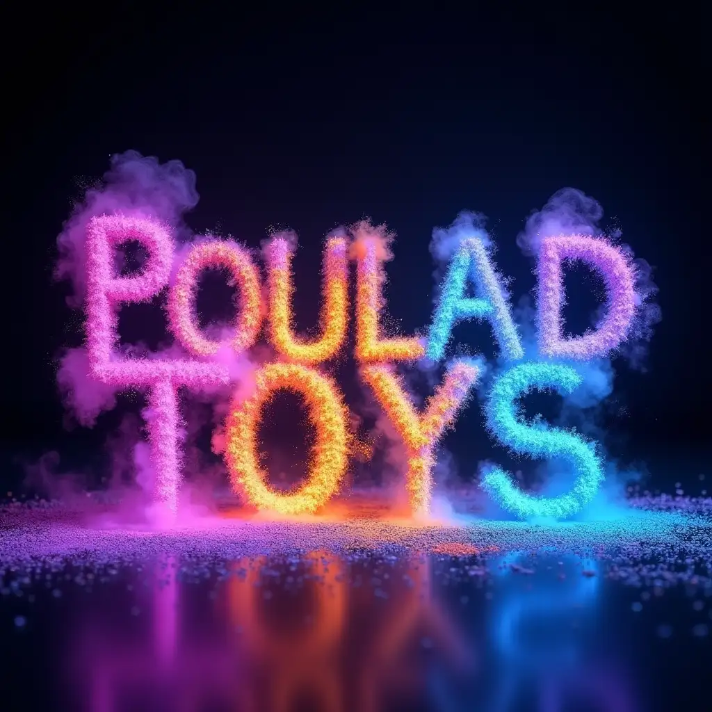 A photo of the elegant, swirling bold glowing word 'POULAD TOYS' made from brightly magic colored fine powder. Each letter has a gradient of vibrant colors, transitioning from purple on the left to blue on the right. The powder gives each letter a smooth, granular texture, making them stand out vividly against a dark background. Fine particles of color and wisps of smoke surround the letters, adding a dreamlike, ethereal quality. The ground beneath the letters is covered with scattered glowing magic powder, suggesting that the colors have been recently applied or thrown.