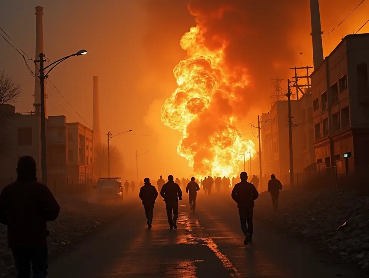 image up close, chemical company explosion, running people, wreckage seen, flames, smoke, dust, injured people, deaths, chaos