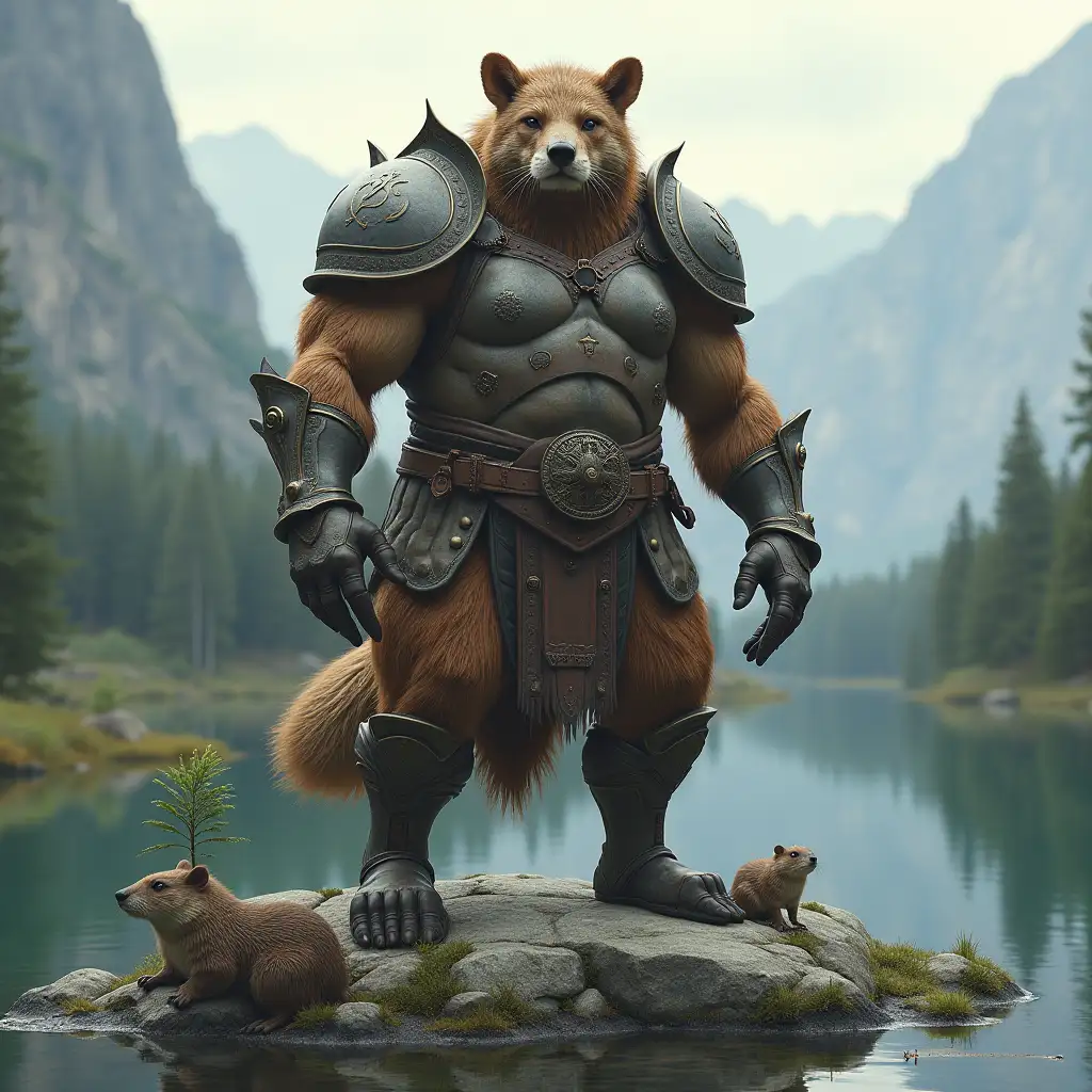 A very detailed photo. A full body representation of an animal-hybrid bodybuilder with armor and BEAVER and BEAVER on a rock and a lake