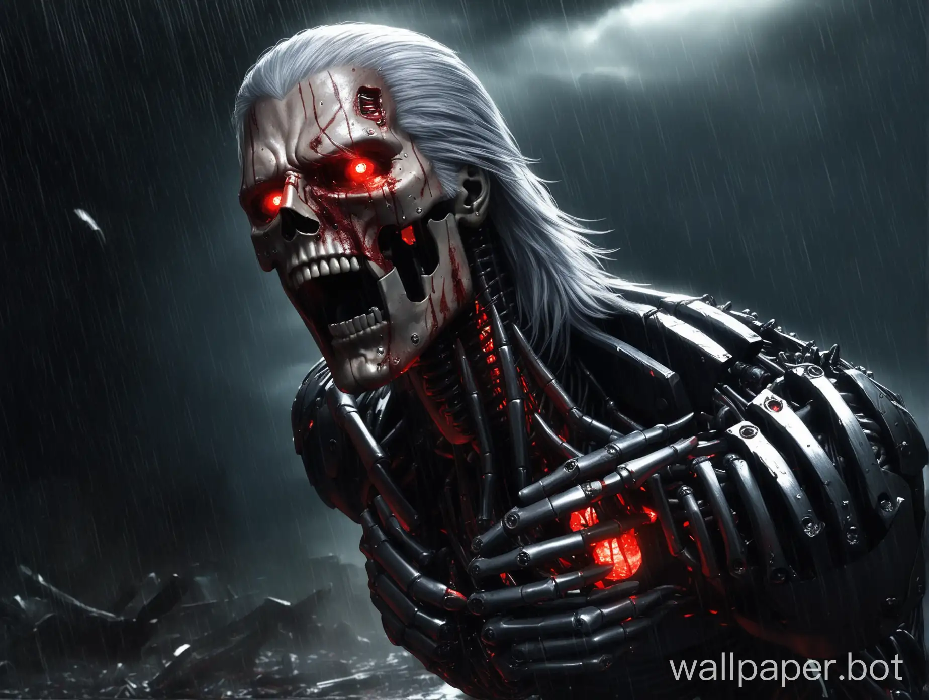 Geralt became a terminator visible skeleton of the terminator is visible blood on face visible torn wounds on body red eyes glow black eyes go rain atmosphere is creepy looks realistic looks epic looks beautiful falling apart body into pieces open mouth looks fierce