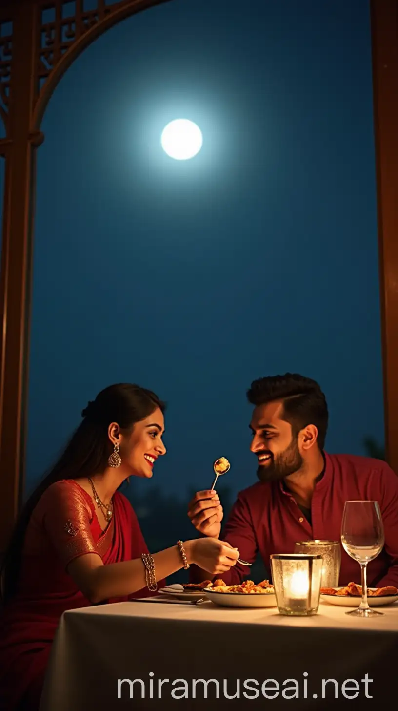 Romantic Dinner Under the Full Moon Indian Couple in Ethnic Attire