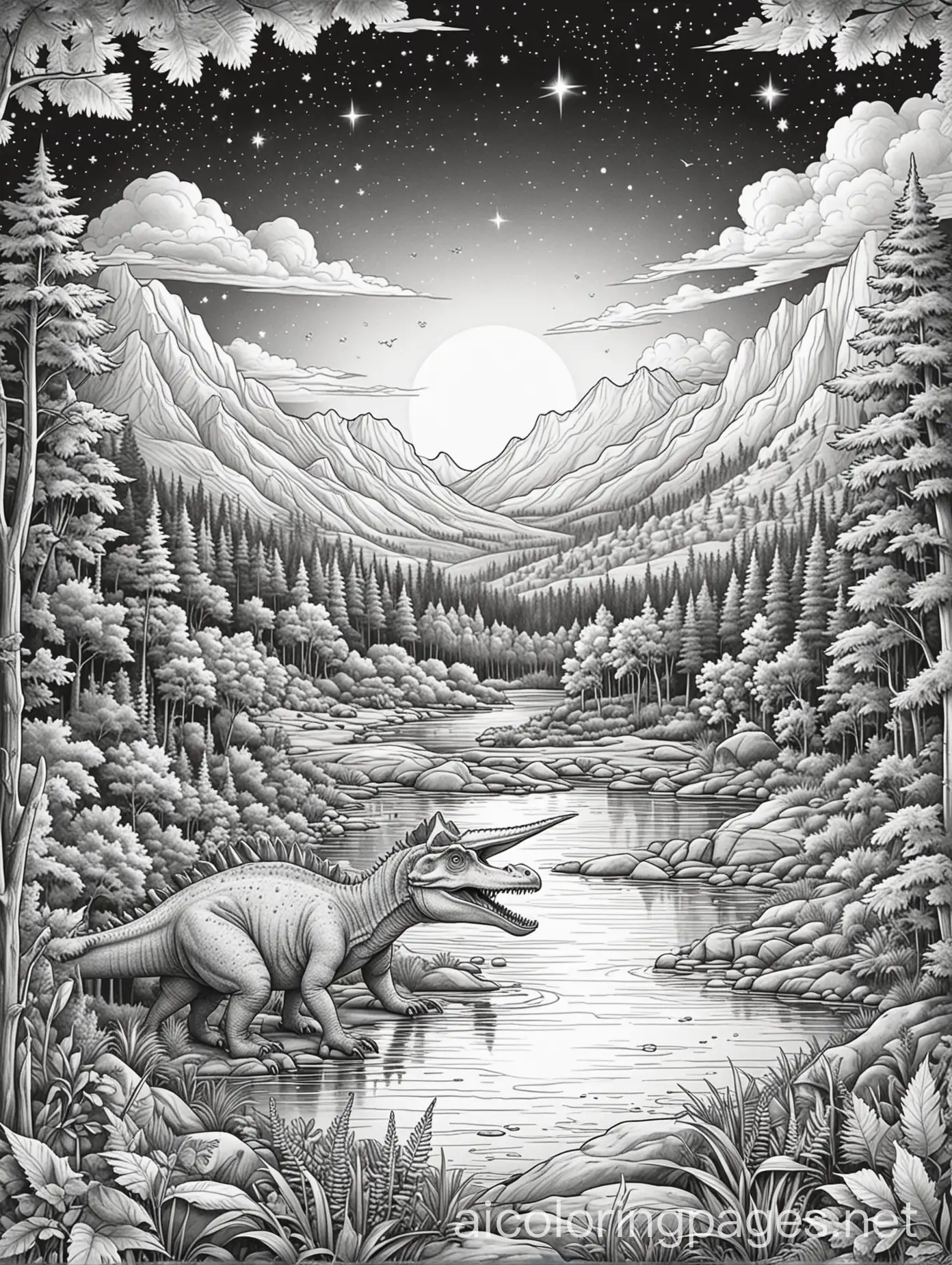 Create a coloring page of dinosaurs in a nighttime setting with a starry sky for a children's coloring book. The scene must include the following elements: Night Scenery: A night sky filled with stars and perhaps a full or crescent moon. Add a prehistoric landscape with soft shadows and dinosaur outlines. Dinosaurs: Various dinosaurs engaged in nocturnal activities, such as a grazing Triceratops, a sleeping Stegosaurus or a flying Pterosaur. Dinosaurs should be in calm poses. Environment: A landscape with trees, mountains in the background and a river or lake reflecting the moonlight. Details: Add small details like fireflies, a comet crossing the sky or silhouettes of other dinosaurs in the distance to enrich the scene., Coloring Page, black and white, line art, white background, Simplicity, Ample White Space. The background of the coloring page is plain white to make it easy for young children to color within the lines. The outlines of all the subjects are easy to distinguish, making it simple for kids to color without too much difficulty