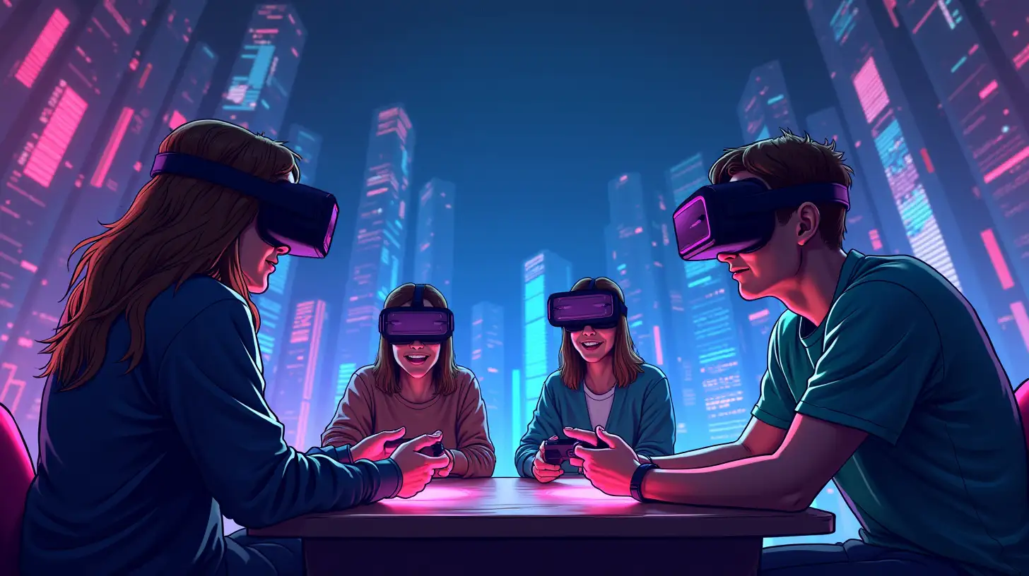 Friends Enjoying Virtual Reality Games in a Futuristic Blockchain Setting