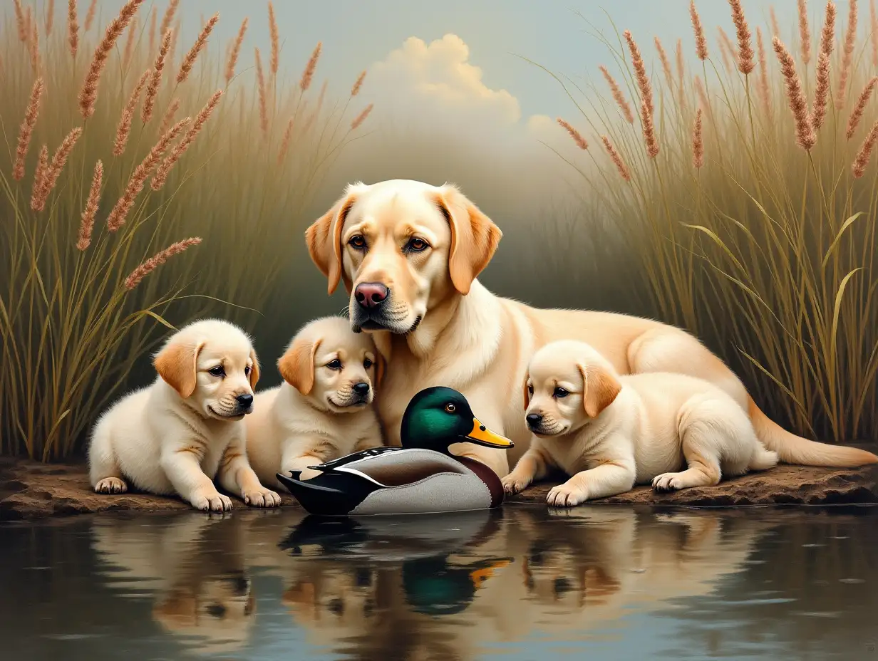 Jim Killen Style Painting Labrador Retriever and Puppies in Natural Sanctuary