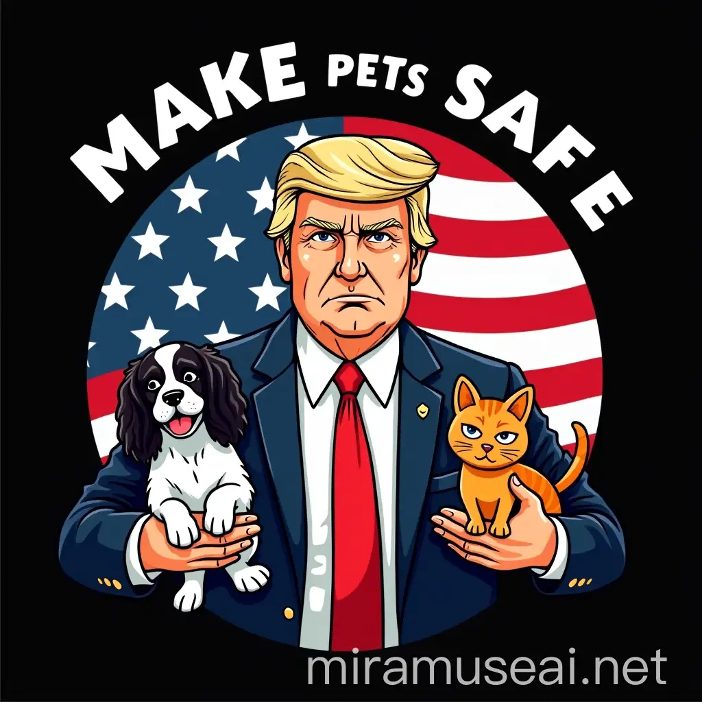 Cartoon Style Illustration of Donald Trump with Spaniel Dog and Orange Tabby Cat