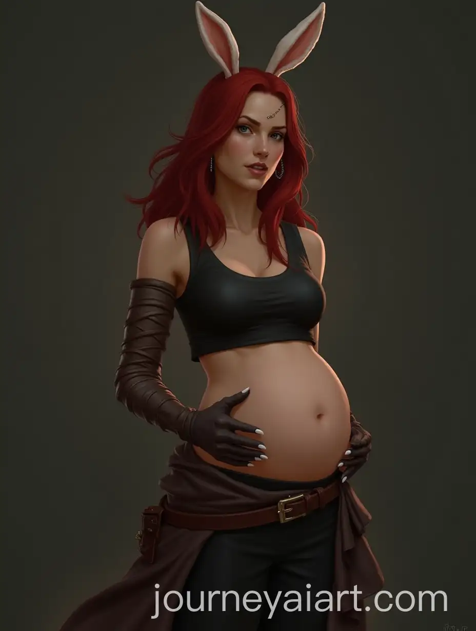 Triss-Merigold-in-a-Black-Sleeveless-Crop-Top-with-Bunny-Ears-and-Pregnancy-Glow