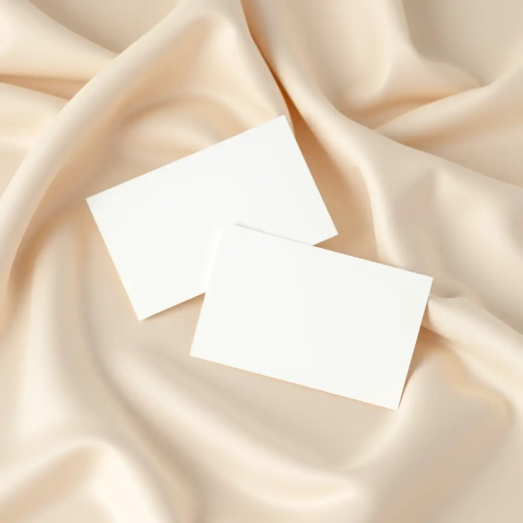 Two blank cards on a soft silky textured beige fabric. premium business card