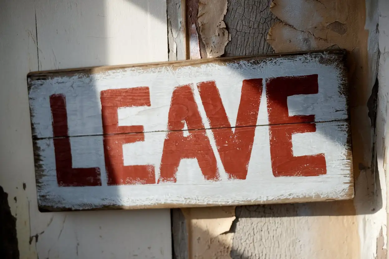 HandPainted-Red-LEAVE-Text-on-White-Wooden-Surface