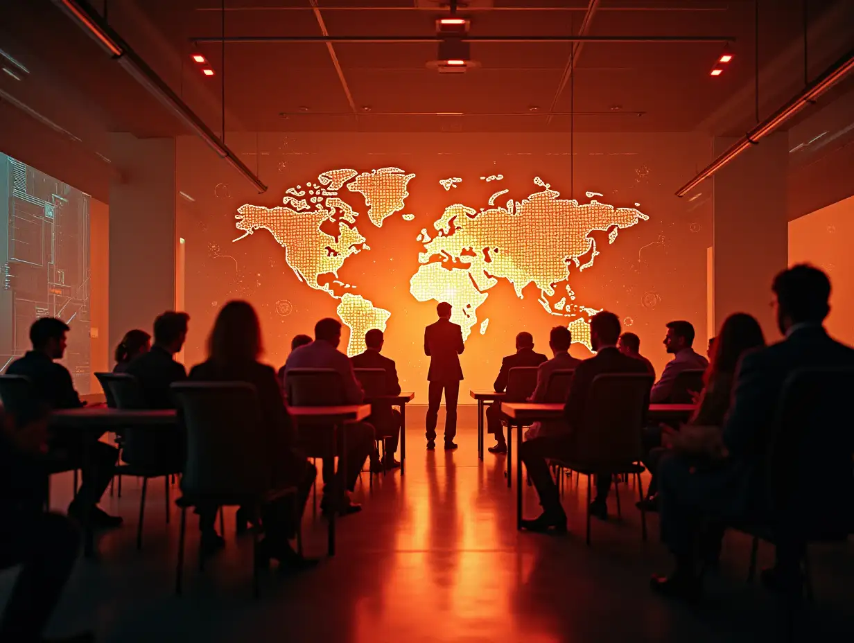 A futuristic office environment with a focus on warm, glowing orange holographic visuals. The central element is a group of professionals gathered around a holographic display, which shows abstract patterns of interconnected nodes, circuit lines, and a digital representation of a globe, symbolizing the global scope of AI governance. The scene features deep shadows contrasted by vibrant orange luminescence, giving the setting a sophisticated yet distinctively warm ambiance. The background incorporates translucent layers of neural networks and AI-inspired graphics, blending seamlessly into the space. The overall tone is professional, modern, and slightly ethereal, with muted metallic accents and glowing orange elements highlighting the importance of governance in AI systems.