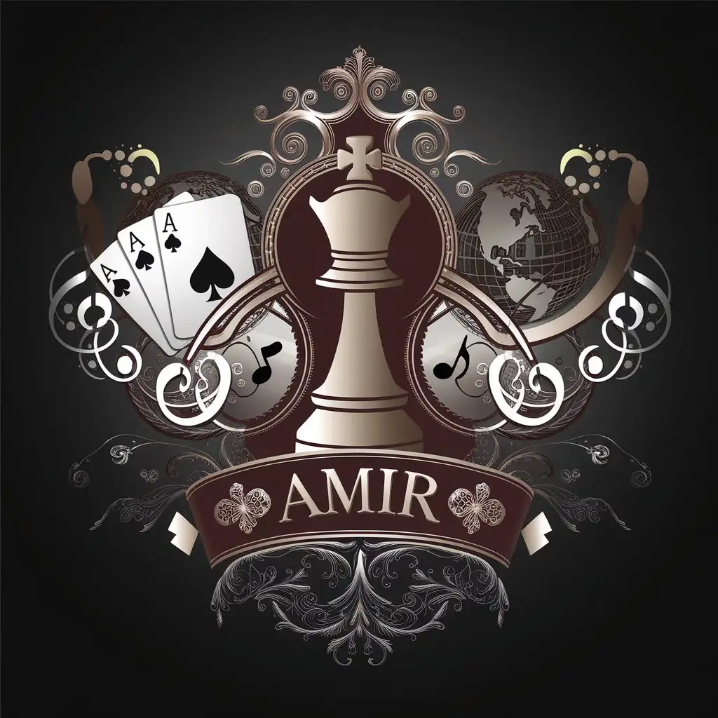 LOGO Design for Amir Sophisticated Vector Design with Personal Brand Elements Including Poker Music Chess and Business Themes