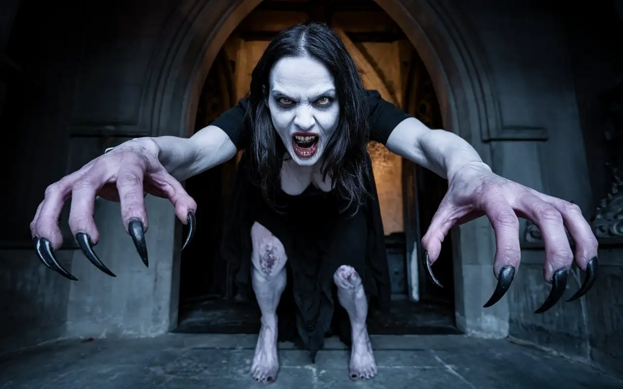 a horror Pale-skinned monstruos vampire woman with claw-like nails on her hands and on her legs with long toenails and a mouth with sharp, ugly jagged jaw fangs teeth. She is dressed in black clothes, without shoes, she goes after her prey, stretching out her arms in front of her to grab, face to face,  photo. full-length photo.