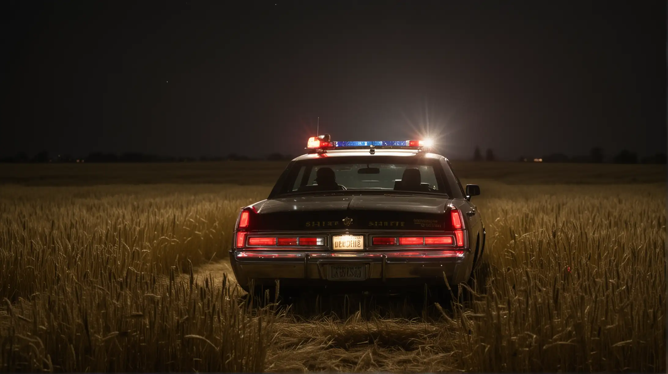 Man Facing American Sheriff Car in Wheat Field at Night