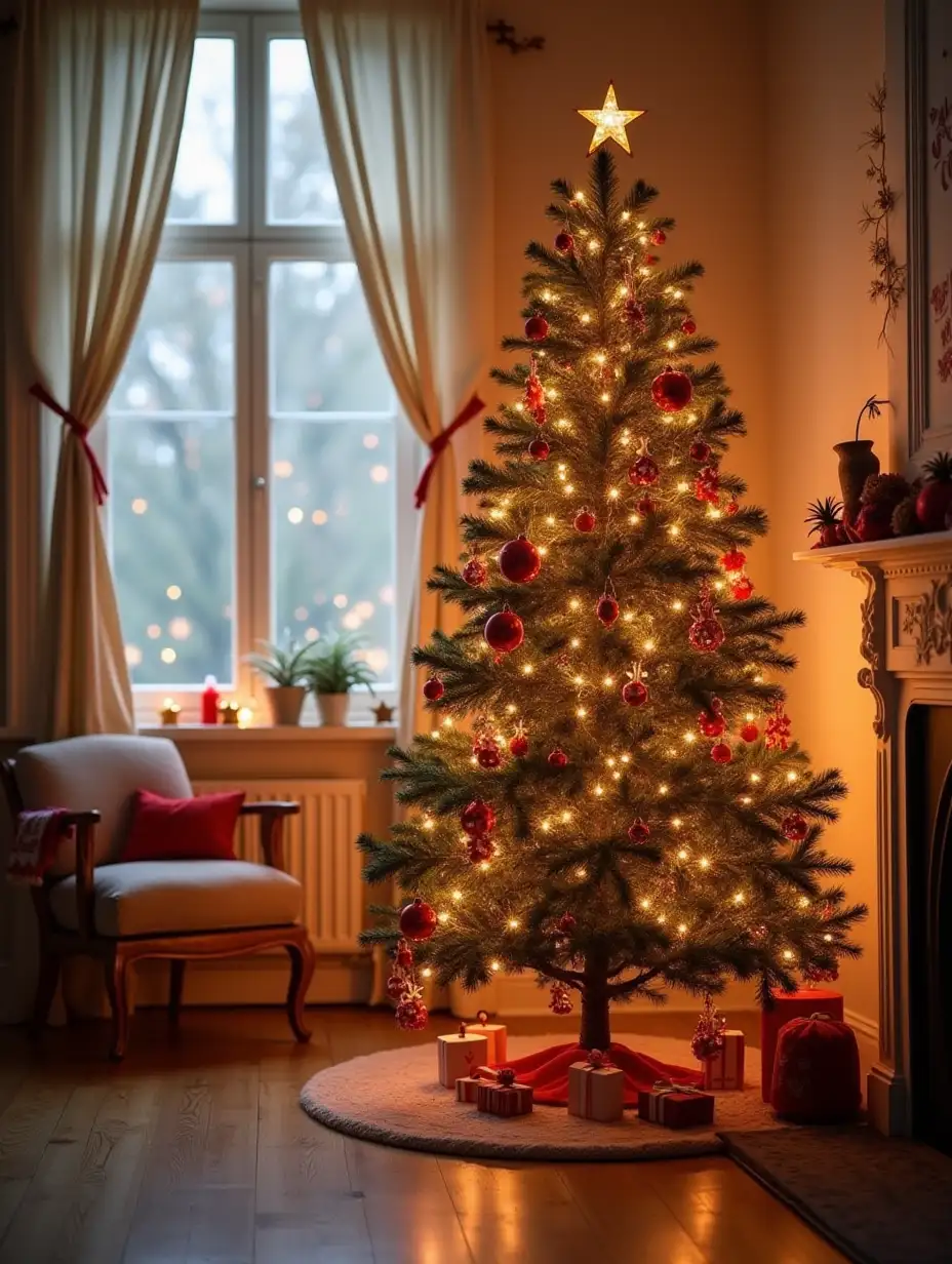 New Year decorated tree against the background of a cozy children's room