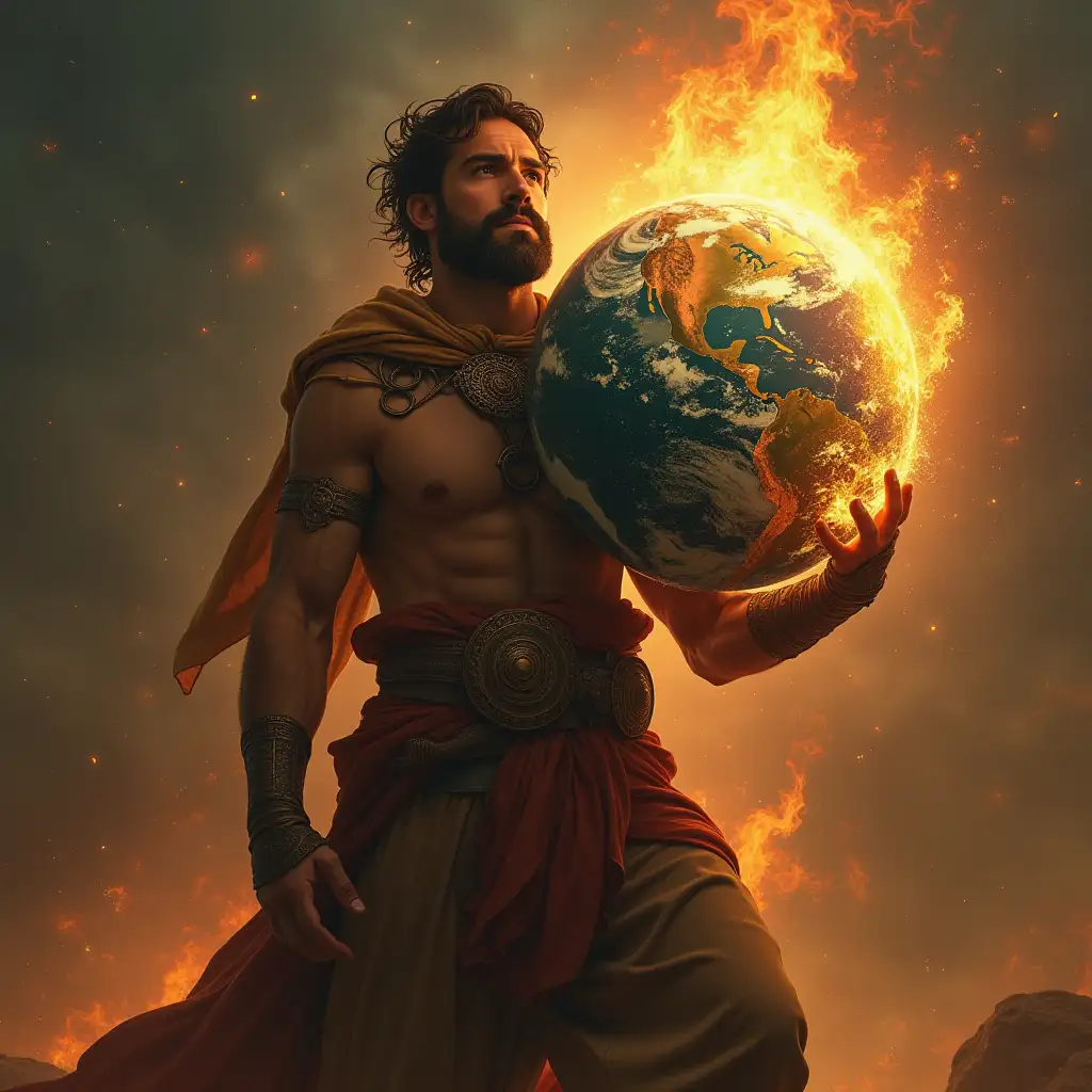 an ancient man holding earth on his shoulder, earth should be burning, man finds it hard to hold 