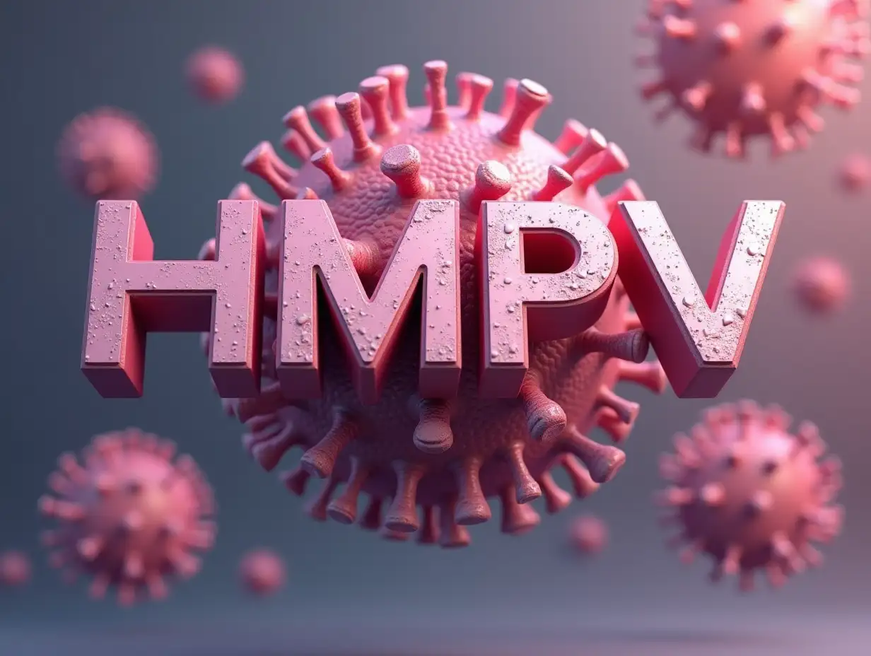 Human metapneumo virus or HMPV, virus causing upper and lower respiratory infection. 3d illustration,  text 'HMPV' in elegant font and design, 3d render