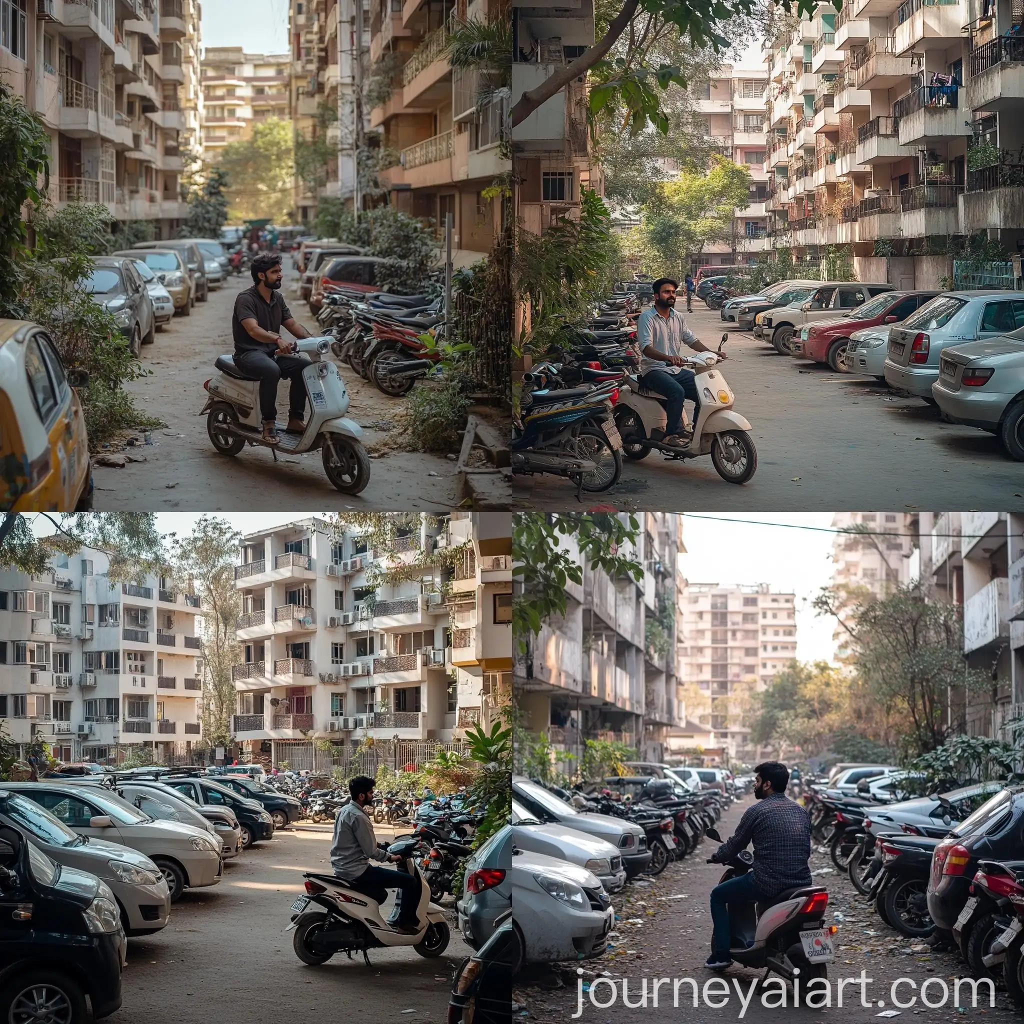 Indian-Man-on-Electric-TwoWheeler-in-Cluttered-Apartment-Complex-Parking