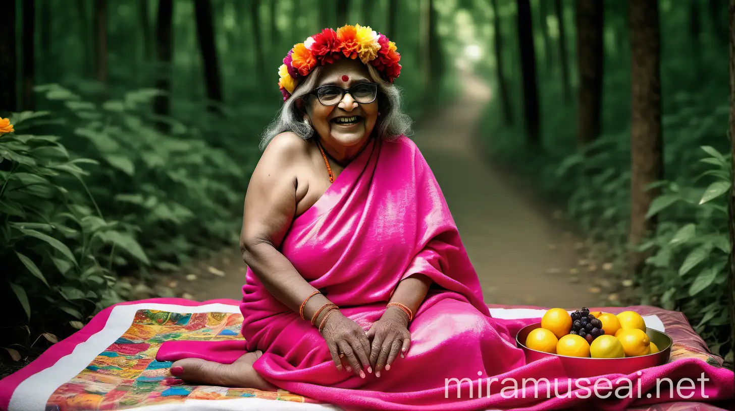 Elderly Hindu Woman Monk in Colorful Forest Setting with Fruits and Gifts