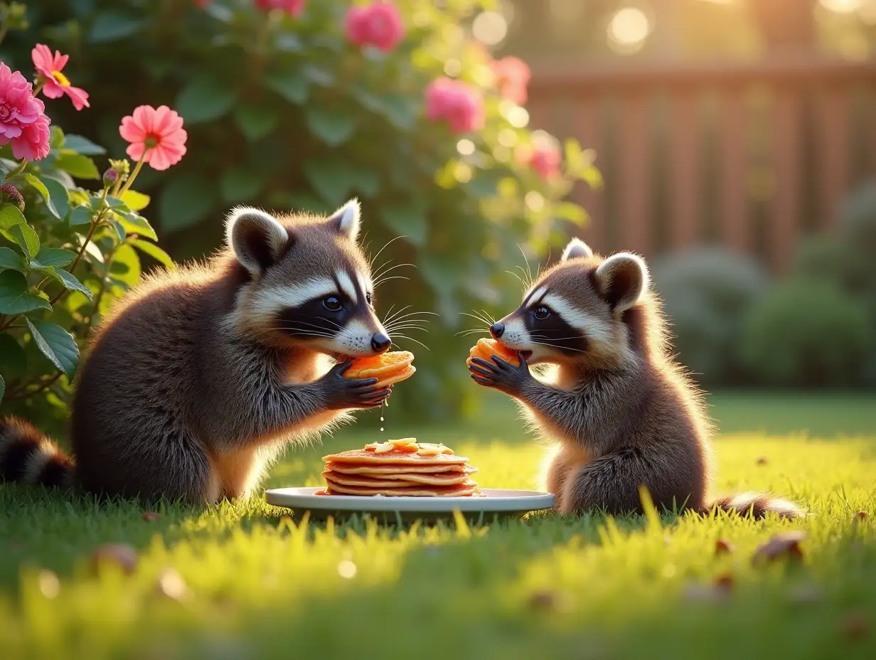 The raccoon family peeks out from the bushes in the background, contentedly nibbling on their pancakes. The backyard is bathed in warm sunlight, with flowers and lush greenery adding to the cozy and cheerful atmosphere.