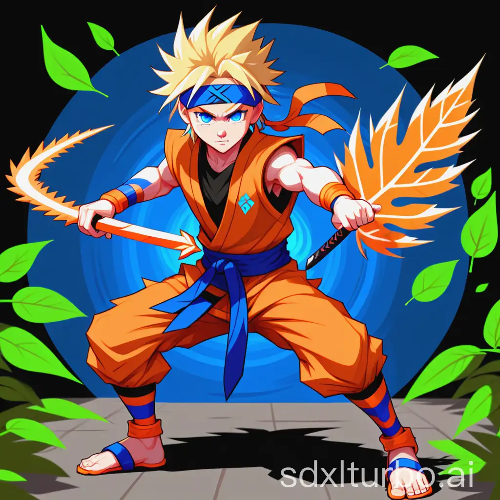 pixel art,blond spiky hair, blue eyes, orange ninja outfit, whisker marks, headband with leaf symbol, determined expression, chakra aura, shonen style, kunai, energetic pose, ninja sandals, rasengan, bright colors