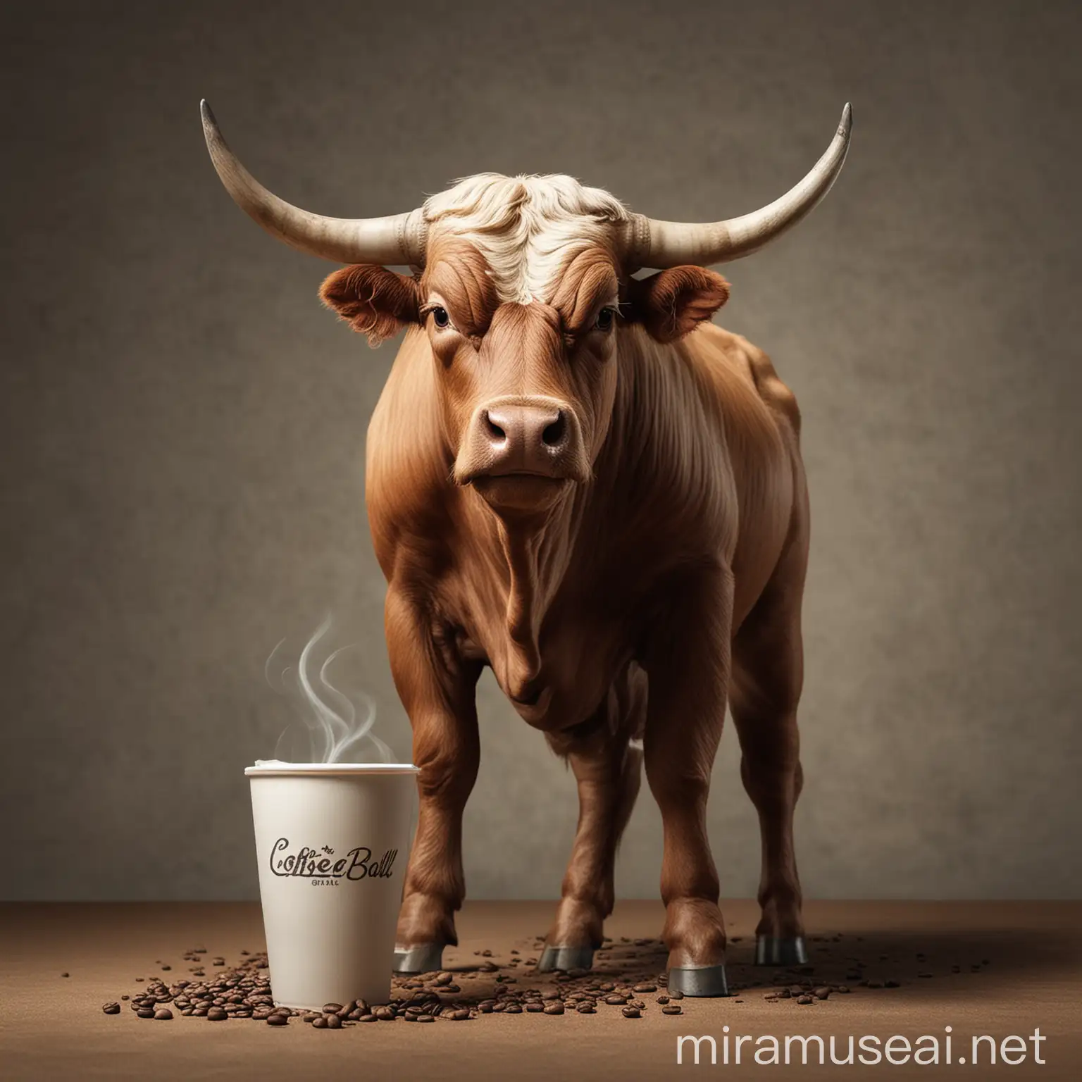 Bull Enjoying Morning Coffee in Serene Countryside Setting