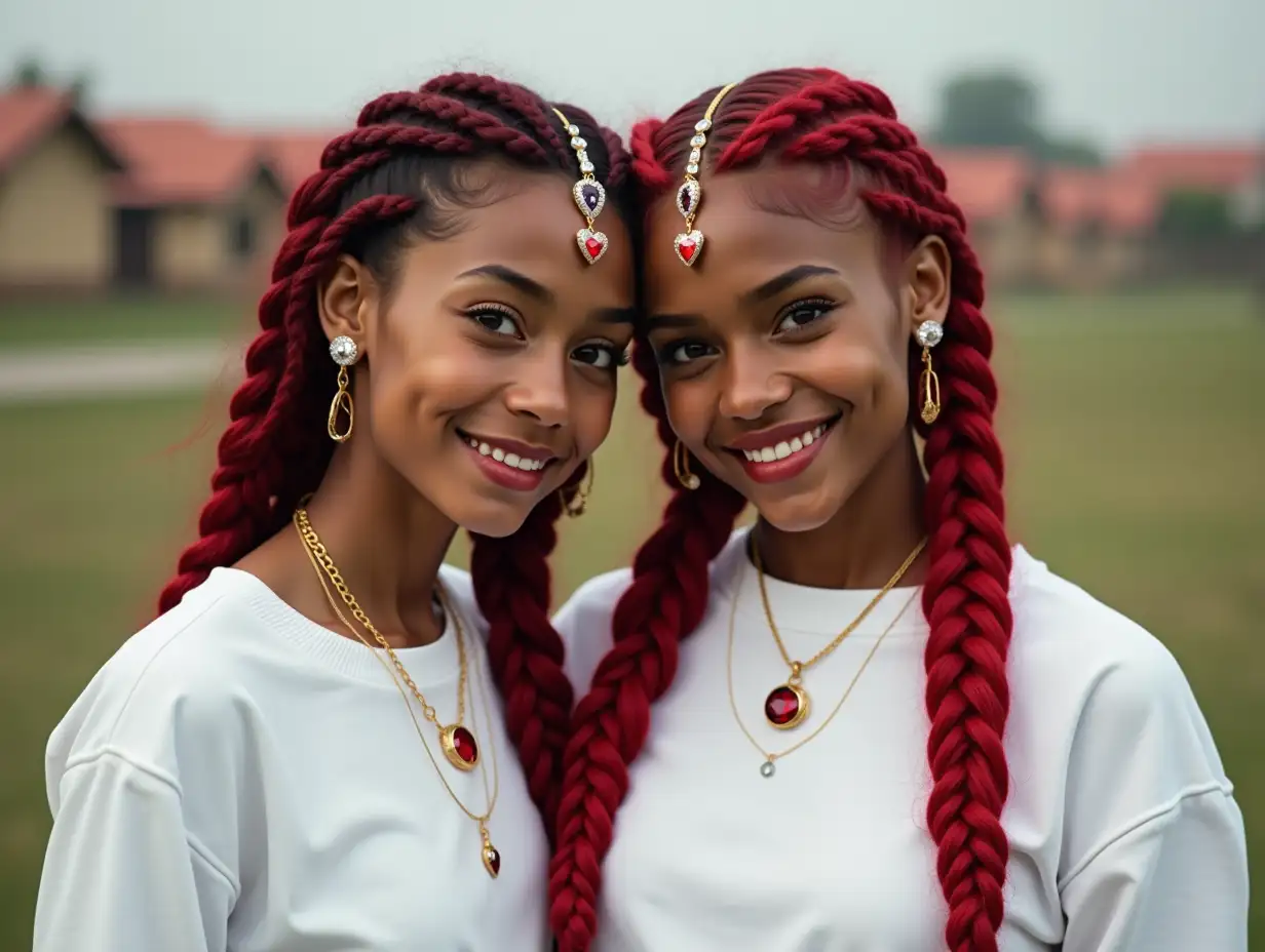 Two white, round Pin-up girls 15 years old red braids wear a white sweatshirt, ruby gold necklace with a light smile on their faces, jewelry on the head, lipstick emphasizes their smiles, modern jewelry, black skin, in a park with many houses in India Cyberpunk 8k quality