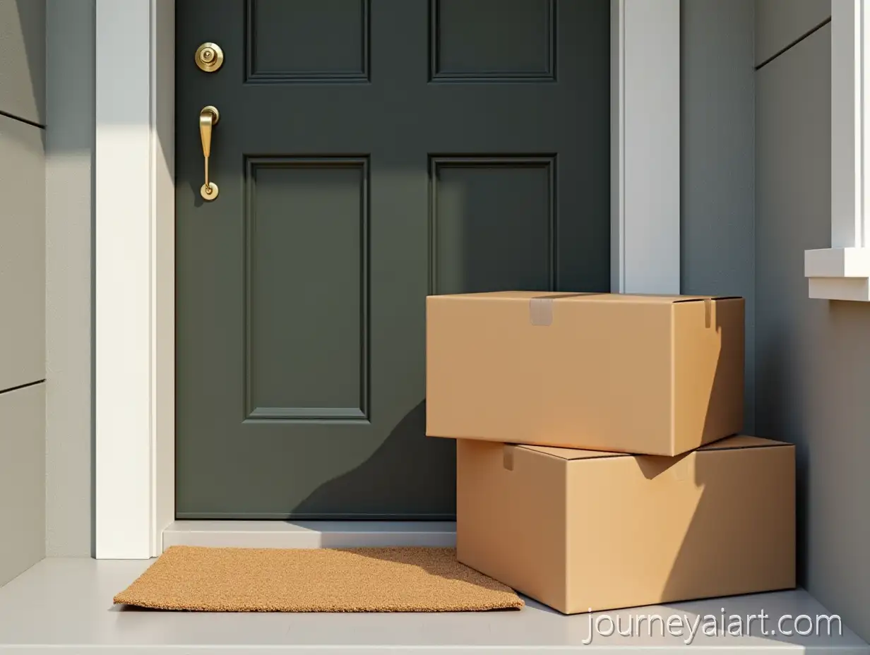Delivery-BoxesFront-door-with-delivery-boxes-Stacked-on-Plain-Outdoor-Floor-Mat-at-Front-Door