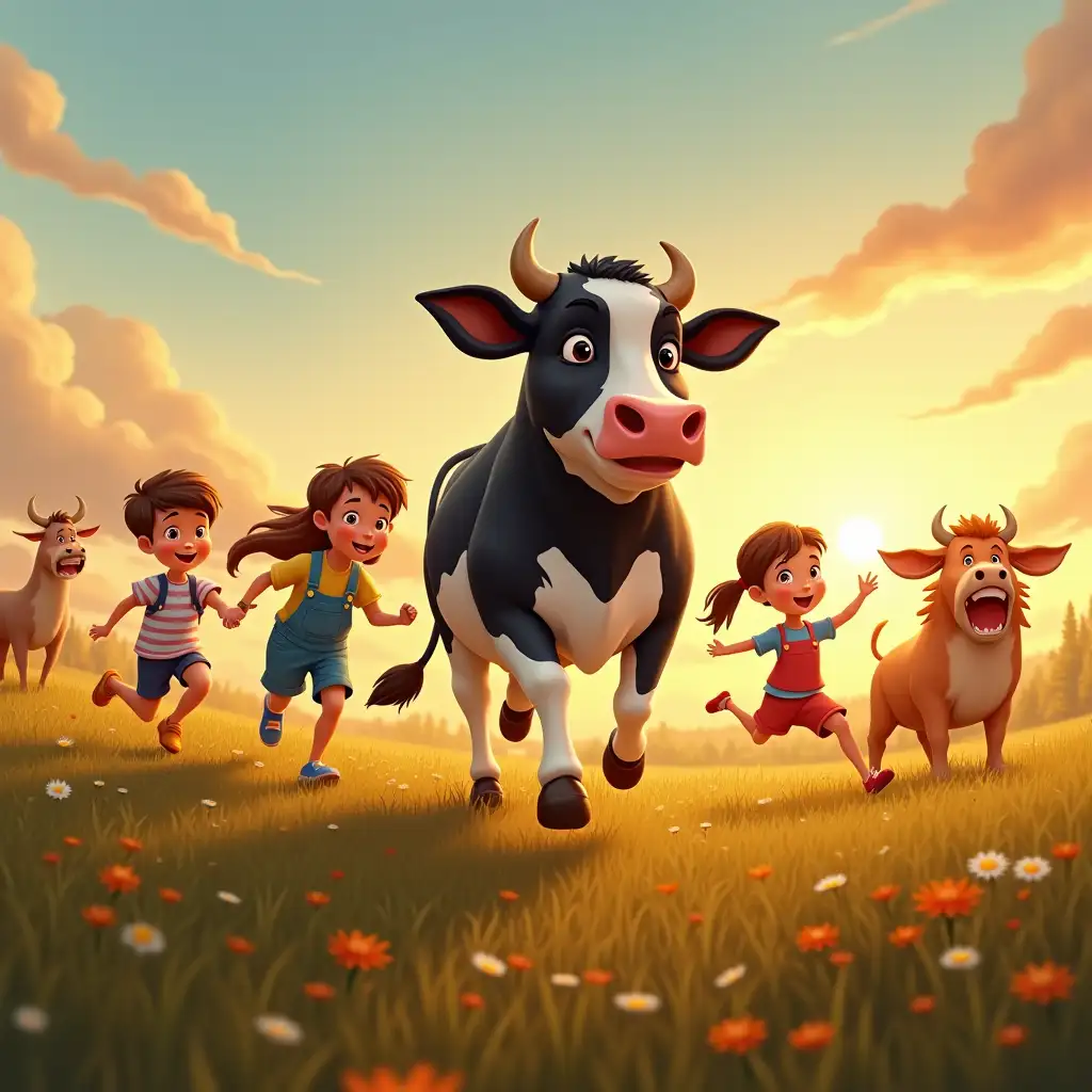 create an image of a black-faced cow running after children in the field, with various animals and a beautiful sky at dawn. create the image in cartoon