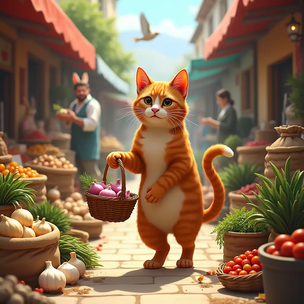 An orange tabby cat walking upright in a bustling countryside farmer’s market, holding a small basket in one paw. The cat carefully selects fresh ingredients for qorma, like onions, garlic, ginger, and tomatoes. Colorful stalls are filled with vegetables, spices in small burlap sacks, and fresh herbs. Other animals, like a rabbit as the vendor and birds flying above, add charm. The market is lively, with sunlight streaming down, and the cat looks focused as it inspects the ingredients.