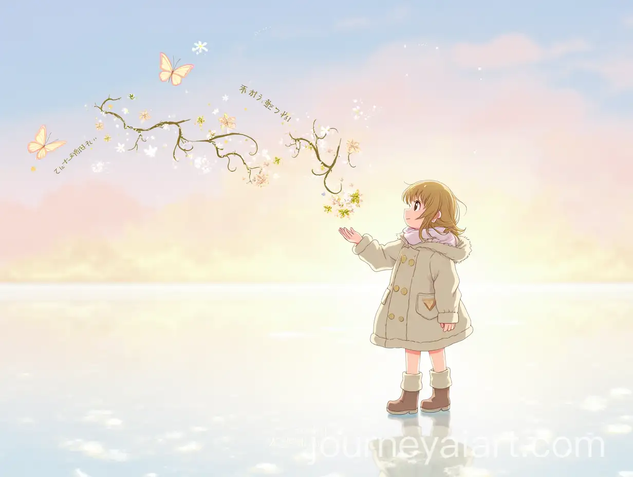 Whimsical-Girl-on-Reflective-Lake-with-Butterflies-and-Dreamy-Pastel-Sunset