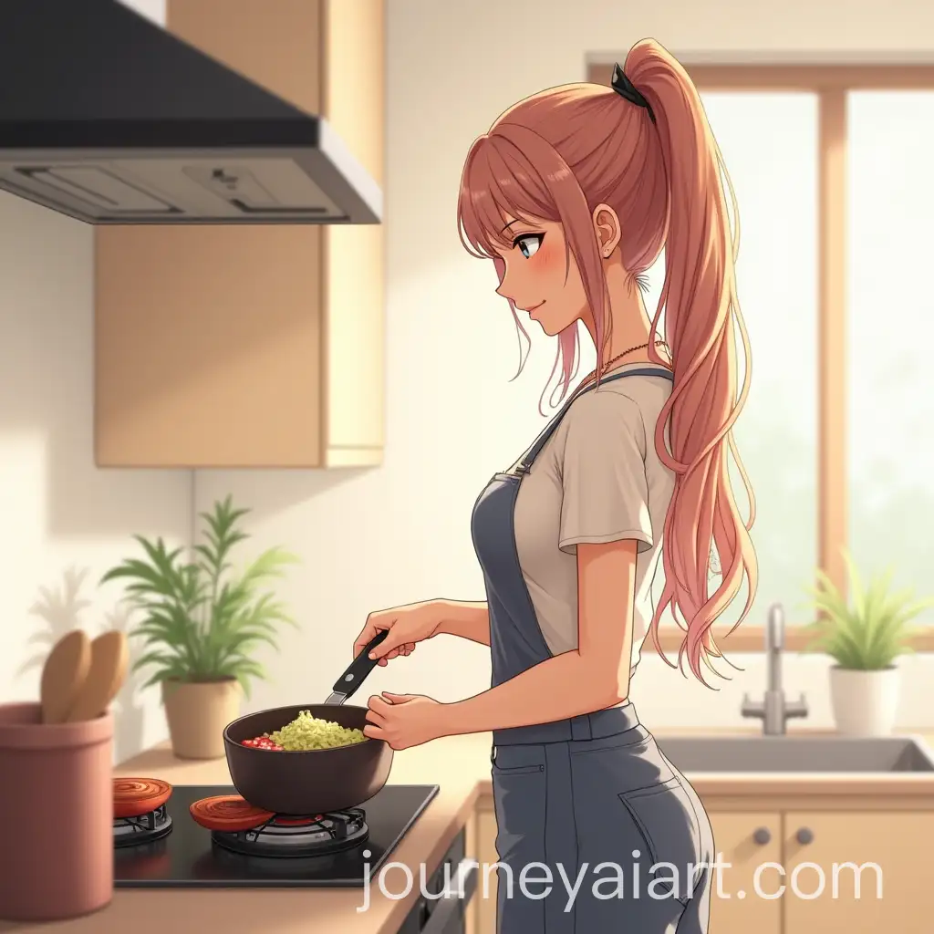 Elegant-Woman-Cooking-in-Kitchen-with-Electric-Stove
